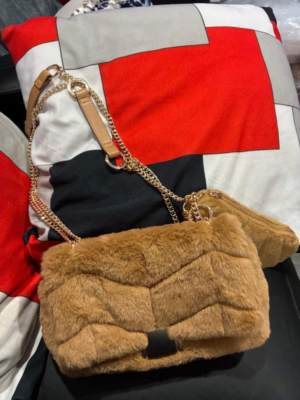 Faux Fur Chain Shoulder Bag in Camel attached chain purse